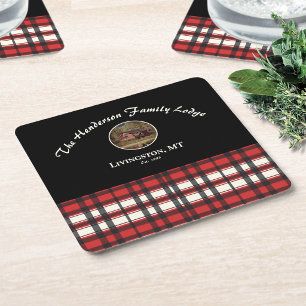 Farmhouse Red Black Plaid Custom Photo Square Paper Coaster