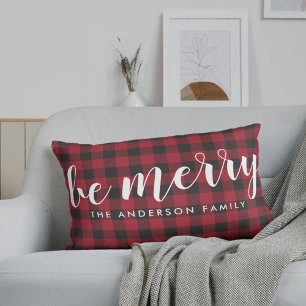 Farmhouse Red Buffalo Check Be Merry Family Name Lumbar Cushion