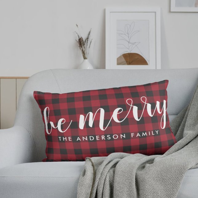 Farmhouse Red Buffalo Check Be Merry Family Name Lumbar Cushion (Creator Uploaded)