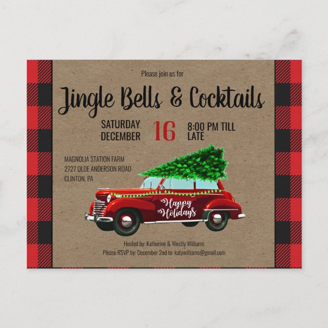 Farmhouse  Red Buffalo Plaid Christmas Party Announcement Postcard (Front)