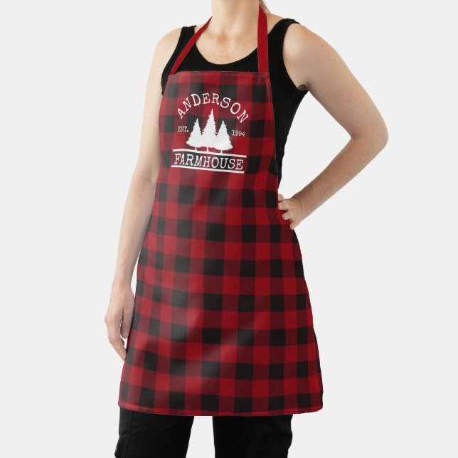 Farmhouse Red Buffalo Plaid Family Name Apron (Insitu)