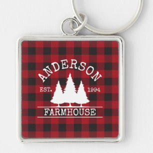 Farmhouse Red Buffalo Plaid Family Name Key Ring