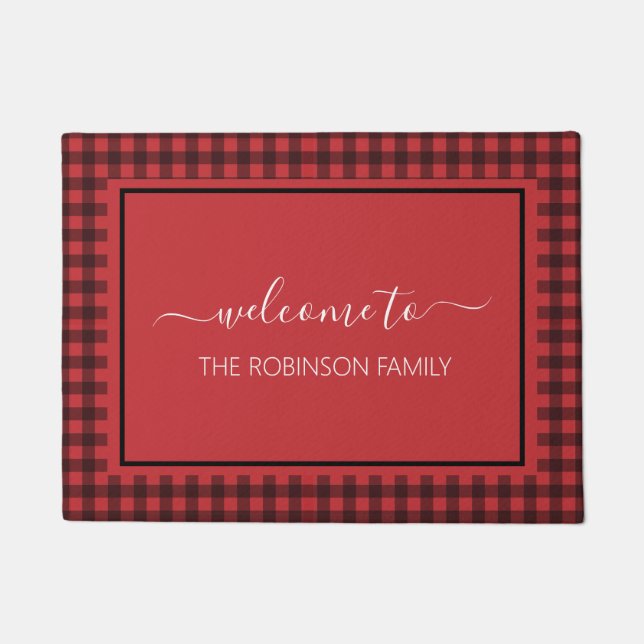 Farmhouse Red Buffalo Plaid Personalised Welcome Doormat (Front)