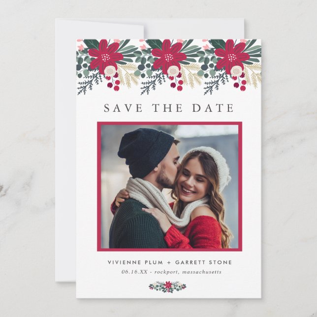 Farmhouse Red Floral Plaid Wedding Save the Date (Front)