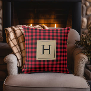 Farmhouse Red Gingham Check Plaid Monogram Cushion