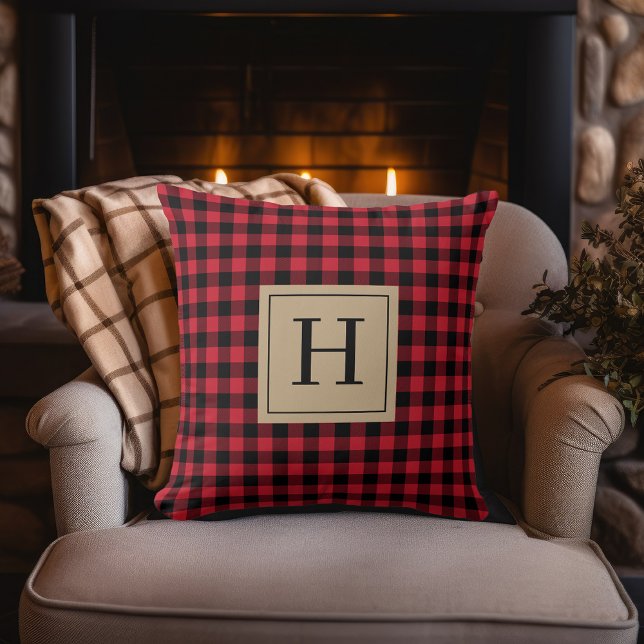 Farmhouse Red Gingham Check Plaid Monogram Cushion (Creator Uploaded)