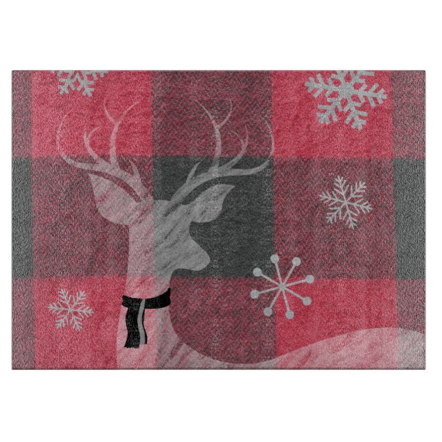 Farmhouse Red & Grey Buffalo Plaid Deer Snowflake Cutting Board (Front)