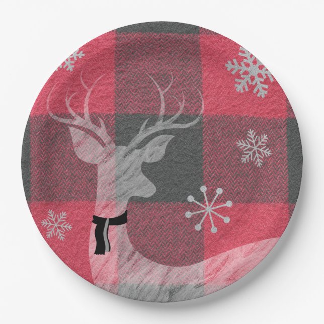 Farmhouse Red & Grey Buffalo Plaid Deer Snowflake Paper Plate (Front)