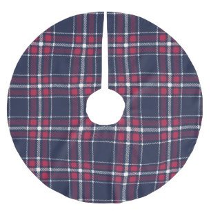 Farmhouse red navy white hand drawn plaid pattern Brushed Polyester Tree Skirt
