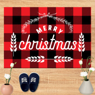 Farmhouse red plaid buffalo check Merry christmas  Doormat