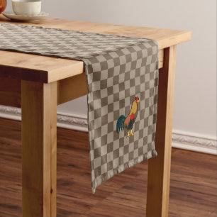 Farmhouse Rooster Brown Gingham Table Runner