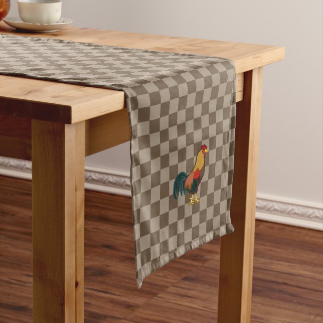 Farmhouse Rooster Brown Gingham Table Runner (In Situ)
