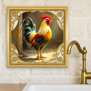 Farmhouse Rooster Gold Ceramic Tile