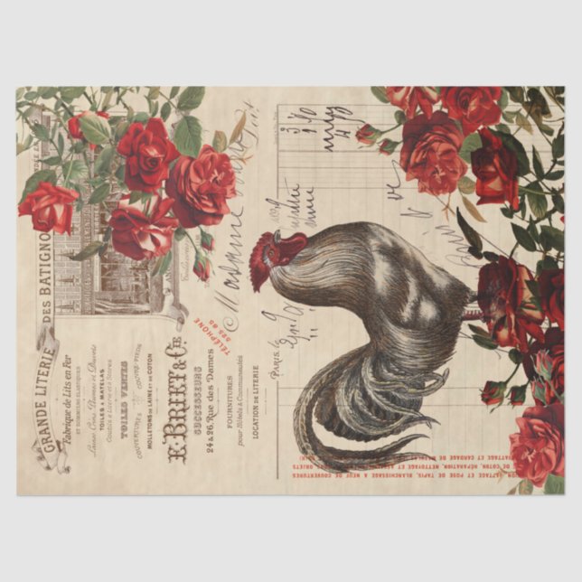Farmhouse Rooster Roses Decoupage Ephemera Tissu Tissue Paper (Front)