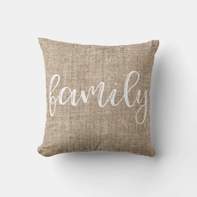 Farmhouse Rustic Brown Sacking Burlap FAMILY Cushion (Front)