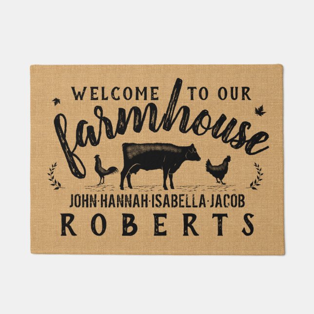 Farmhouse Rustic Burlap Country Cow Chicken Custom Doormat (Front)
