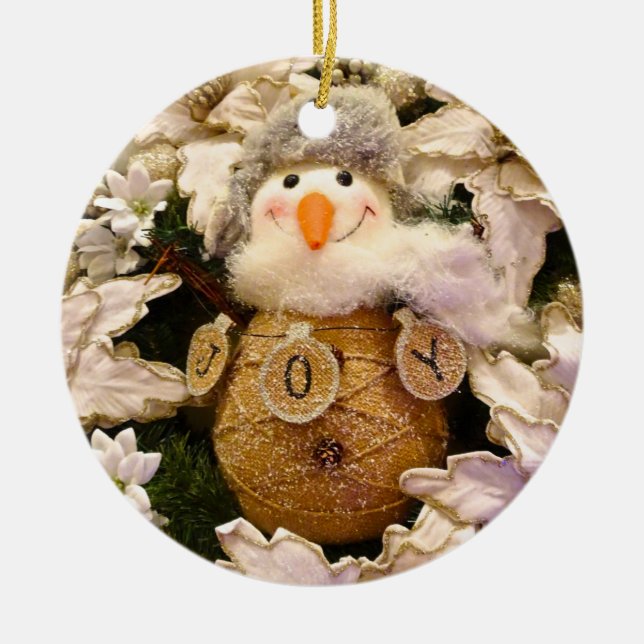 Farmhouse Rustic Burlap Snowman Poinsettia Holiday Ceramic Ornament (Front)