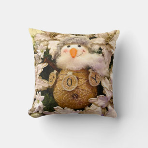 Farmhouse Rustic Burlap Snowman Poinsettia Holiday Cushion