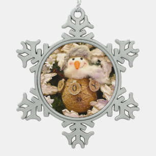 Farmhouse Rustic Burlap Snowman Poinsettia Holiday Snowflake Pewter Christmas Ornament
