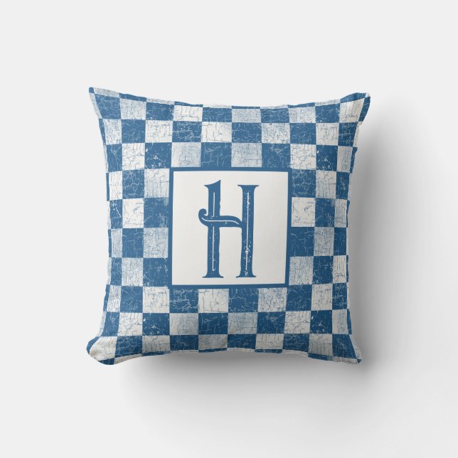 Farmhouse Rustic Checks, Monogram, Blue, White Cushion (Front)