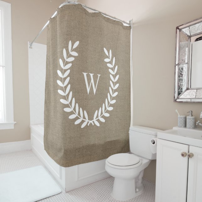 Farmhouse Rustic Country White Laurels Monogram Shower Curtain (In Situ)