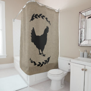 Farmhouse Rustic Faux Burlap Laurels Black Hen Shower Curtain