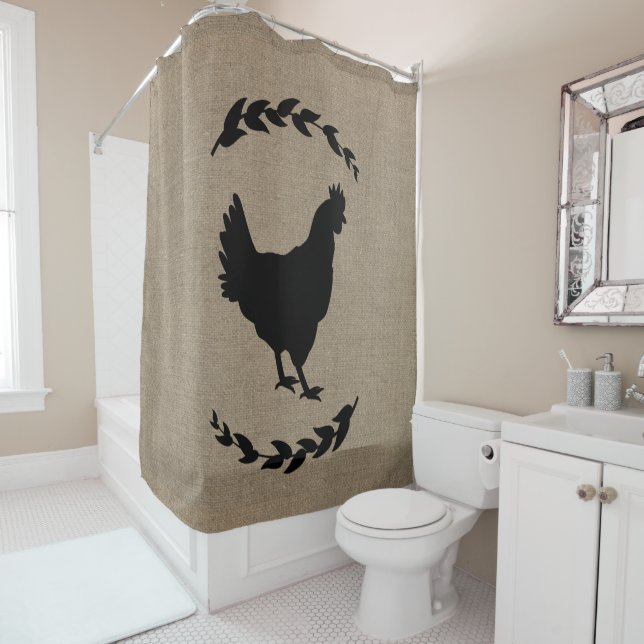 Farmhouse Rustic Faux Burlap Laurels Black Hen Shower Curtain (In Situ)
