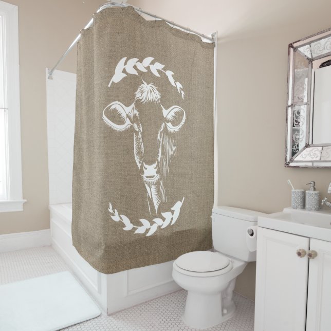 Farmhouse Rustic Faux Burlap Laurels Dairy Cow Shower Curtain (In Situ)