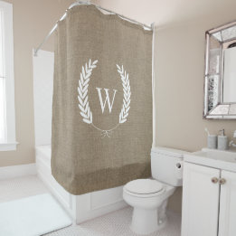 Farmhouse Rustic Faux Burlap Laurels Monogram Shower Curtain