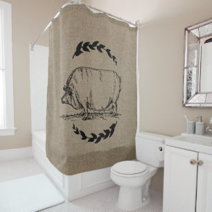 Farmhouse Rustic Faux Burlap Laurels Pig Sow Shower Curtain
