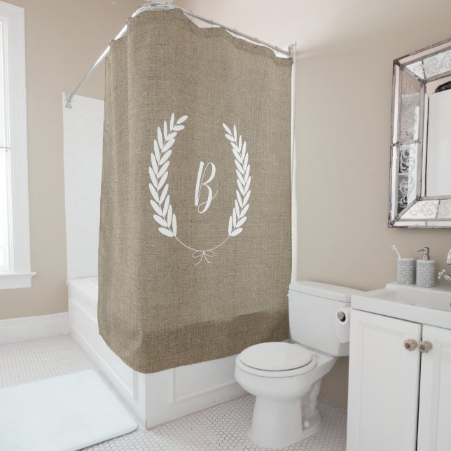 Farmhouse Rustic Faux Burlap Laurels Script Mono Shower Curtain (In Situ)