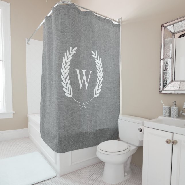 Farmhouse Rustic Faux Grey Burlap Laurels Monogram Shower Curtain (In Situ)