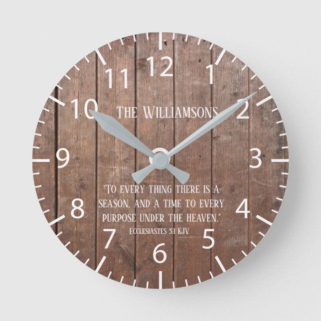 Farmhouse Rustic Faux Wood Scripture Verse Family Round Clock (Front)