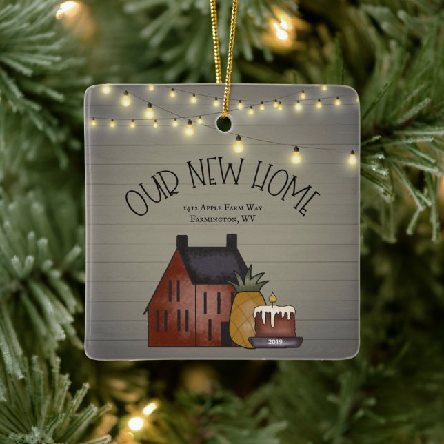 Farmhouse Rustic Primitive New Home Personalised Ceramic Ornament (Tree)