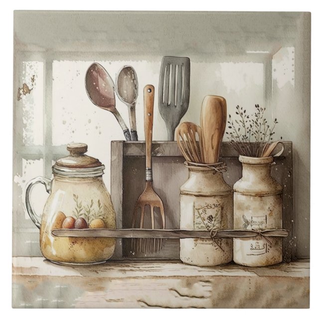 Farmhouse Rustic Utensils Kitchen Ceramic Tile (Front)