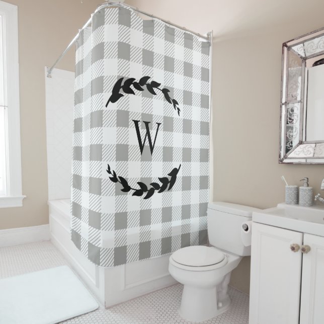 Farmhouse Rustic White Plaid Black Laurel Monogram Shower Curtain (In Situ)