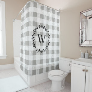 Farmhouse Rustic White Plaid Black Wreath Monogram Shower Curtain