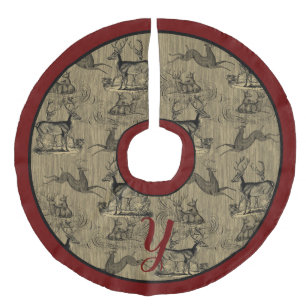 Farmhouse Rustic Woodsy Vintage Deer Monogram Faux Faux Linen Tree Skirt