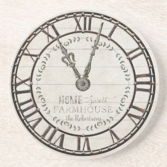 Farmhouse Shiplap Roman Numeral Metal Clock Home Coaster (Front)