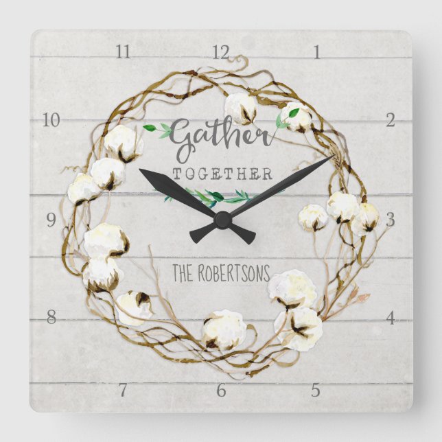 Farmhouse Shiplap Wood Rustic Gather Together Square Wall Clock (Front)