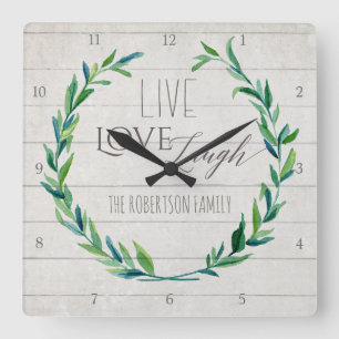 Farmhouse Shiplap Wood Rustic Leaf Wreath Family Square Wall Clock