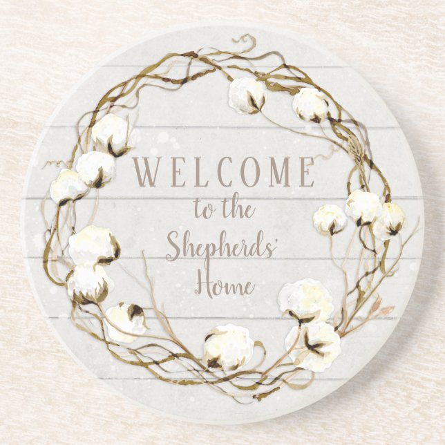 Farmhouse Shiplap Wood Twig Cotton Boll Wreath Coaster (Front)