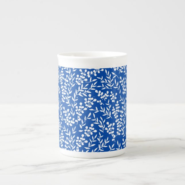 Farmhouse simple floral pattern on blue  bone china mug (Front)