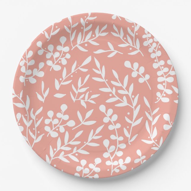 Farmhouse simple floral pattern on pink paper plate (Front)