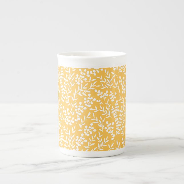 Farmhouse simple floral pattern on yellow bone china mug (Front)