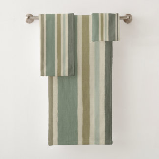 Farmhouse Soft Green Mustard Grey Brown Stripe Bath Towel Set