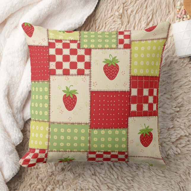 Farmhouse Strawberry Gingham Floral Pattern Cushion (Blanket)