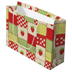 Farmhouse Strawberry Gingham Floral Pattern Large Gift Bag