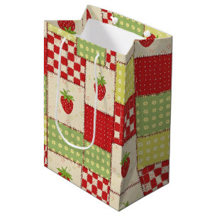 Farmhouse Strawberry Gingham Floral Pattern Medium Gift Bag