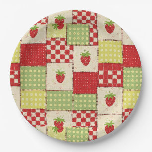 Farmhouse Strawberry Gingham Floral Pattern Paper Plate